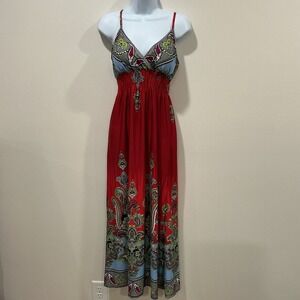 She's Cool Y2K Women's Maxi Dress Med Red Paisley Sleeveless V Neck Scarf Print